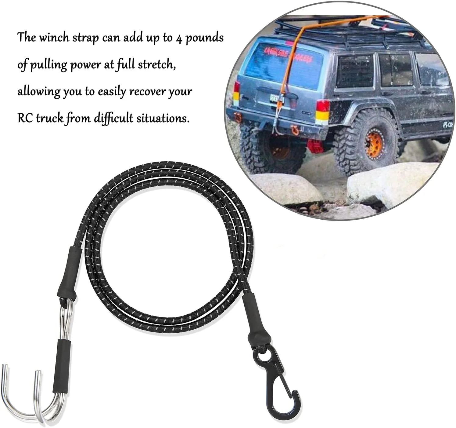 1 عدد تسمه وینچ جنبشی خزنده آرسی 1/10، طناب نجات، قلاب یدک کش نجات برای Axial SCX10 Traxxas TRX4 Element RC (مشکی)