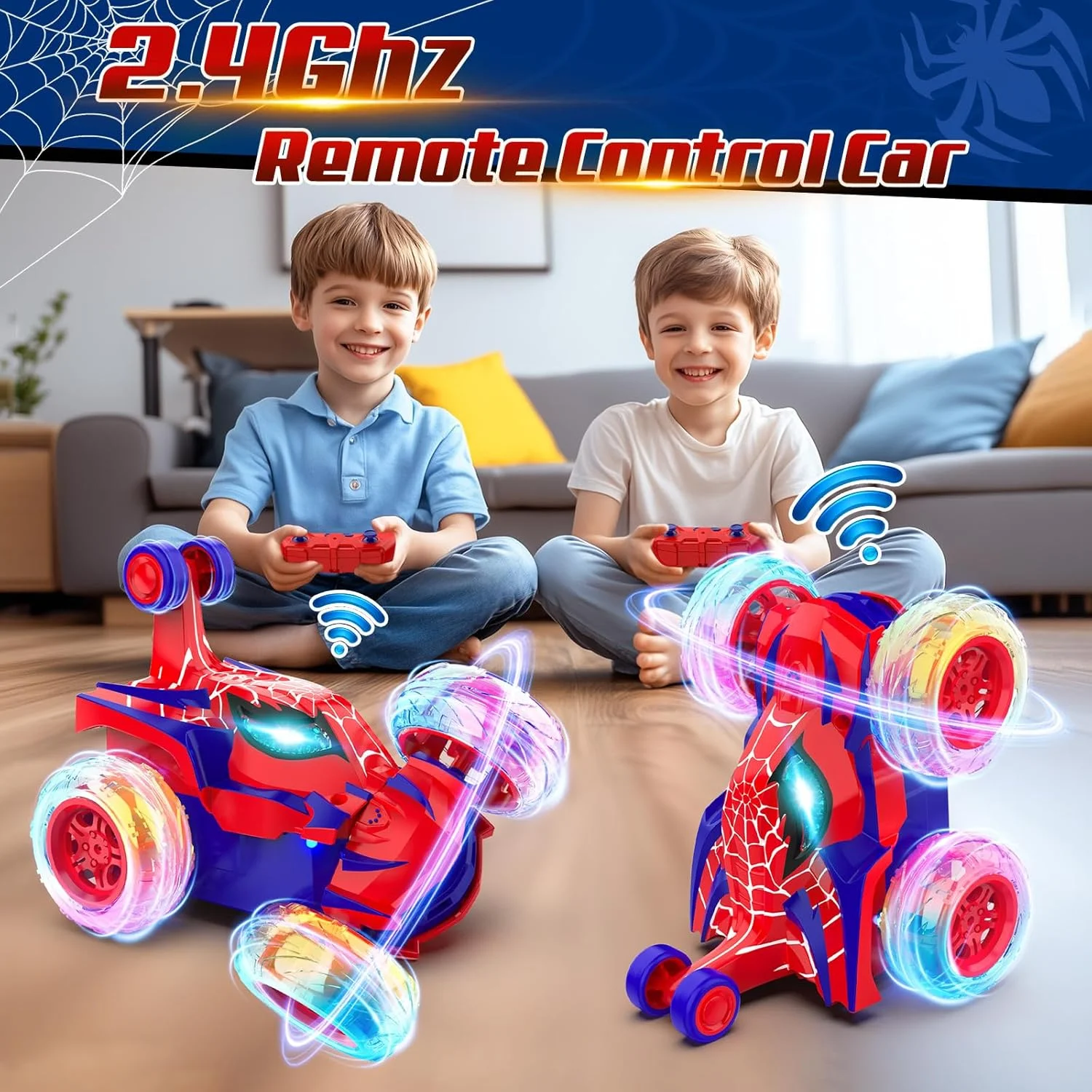 ماشین کنترلی کودکانه، اسباب بازی دخترانه پسرانه مناسب سنین ۳ ۴ ۵ ۶ ۷ ۸ ۹ سال، بازی ماشین کنترلی کامیون هیولا عنکبوتی با نور، ماشین های آرسی ۲.۴ گیگاهرتزی، هدیه تولد کریسمس