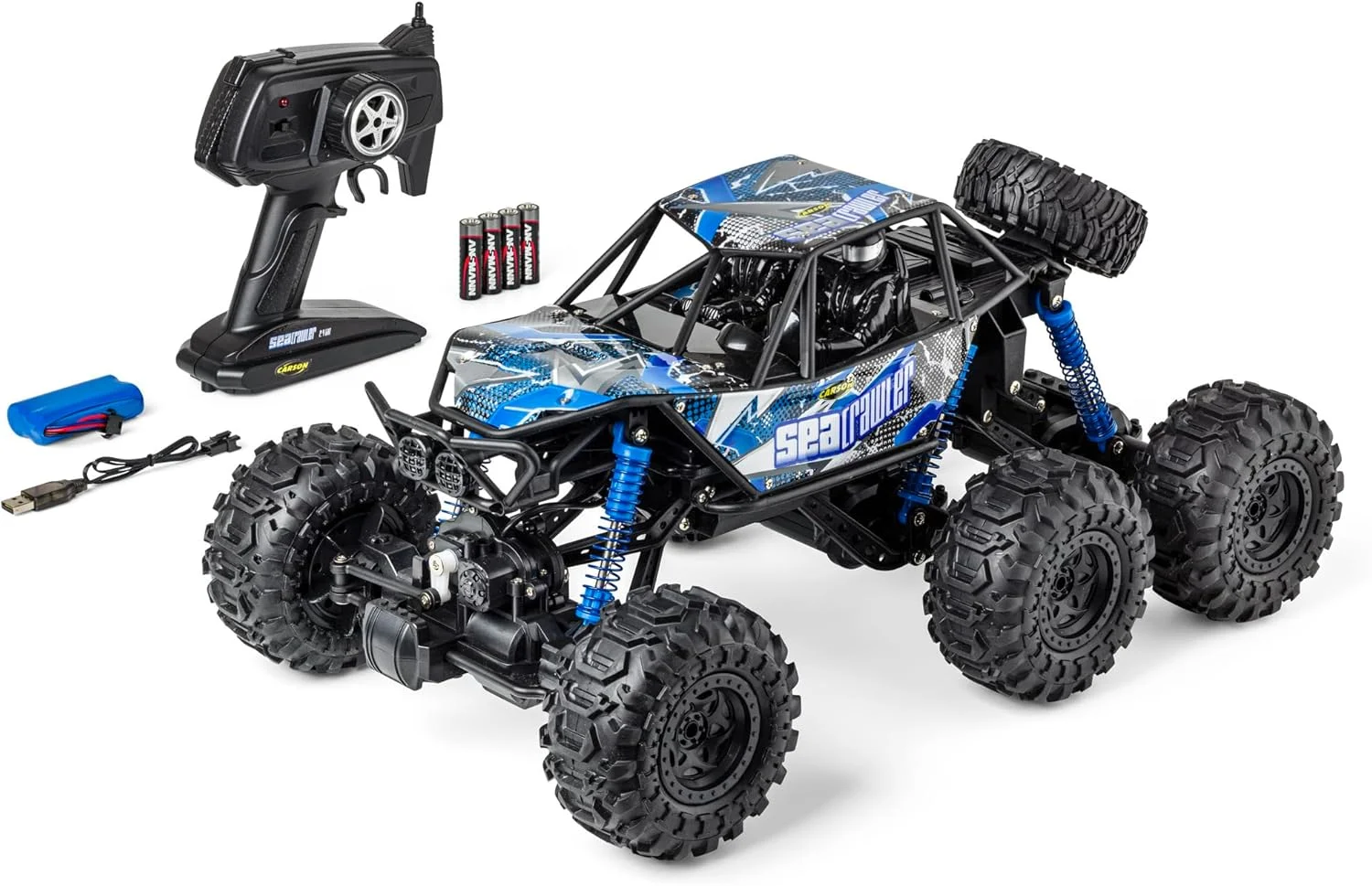 کارسون 500404288 1:10 Sea Crawler 6x6 100% RTR آبی - ماشین کنترلی به عنوان یک وسیله نقلیه آبی خاکی، 100% آماده برای حرکت، برای خشکی و آب، مقاوم و ضد آب، با کنترل از راه دور 2.4G