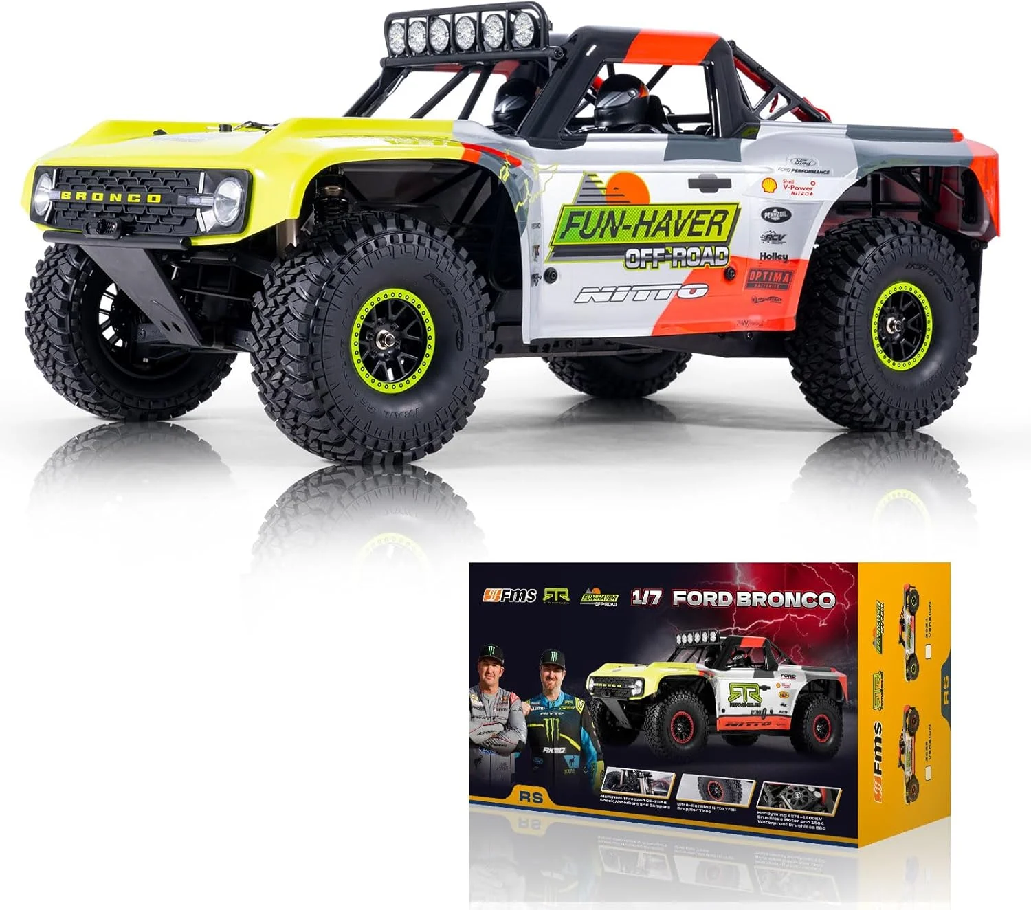 ماشین کنترلی FMS فورد برونکو U4 RTR EB مقیاس 1/7، کرالر حرفه ای با موتور براشلس و ESC، نورپردازی کنترل از راه دور، سرعت تا 80 کیلومتر در ساعت (2024)