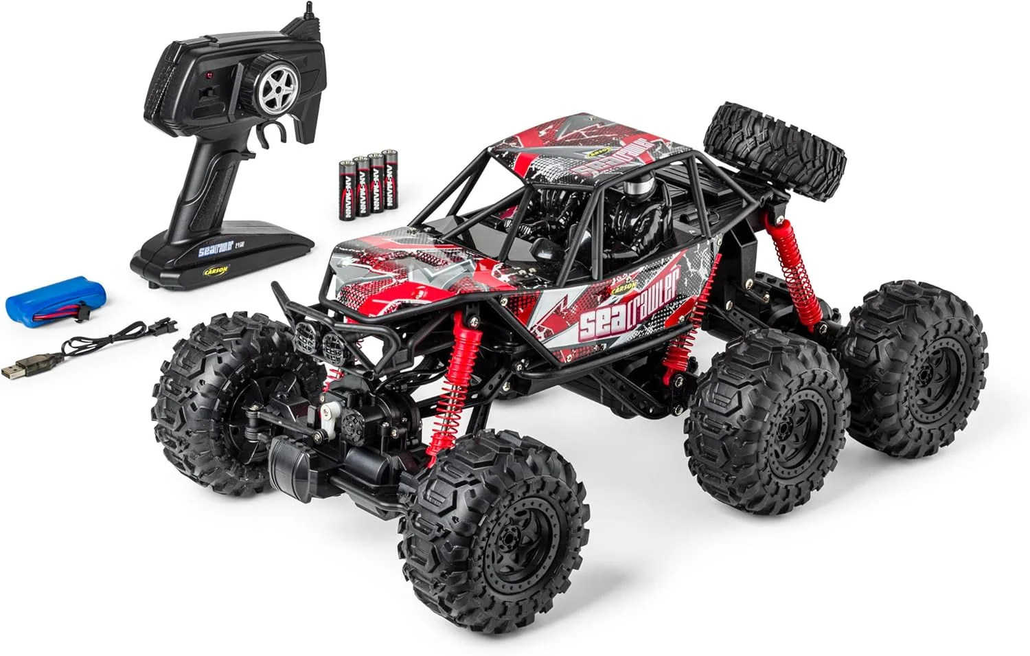 کارسون 500404287 1:10 Sea Crawler 6x6 100% RTR قرمز - ماشین آرسی به عنوان وسیله نقلیه دوزیست، 100% RTR، برای خشکی و آب، مقاوم و ضد آب، با کنترل از راه دور 2.4G
