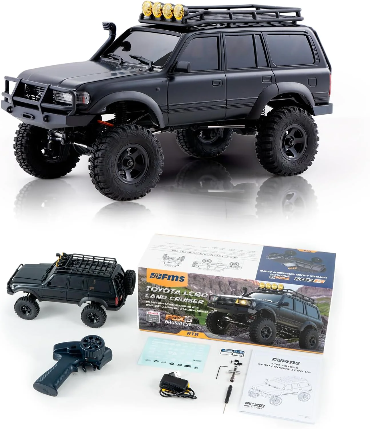 کامیون کنترلی خزنده بدون جاروبک FCX18 FMS 1/18، تویوتا کروزر LC80 Pro آفرود 4X4 با محورهای پورتال و چراغ های LED (مشکی)