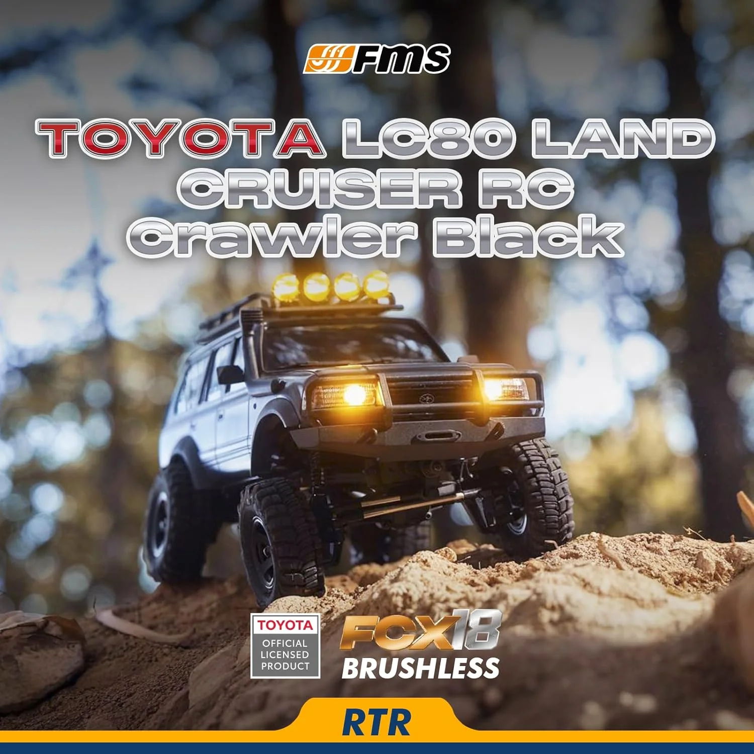 کامیون کنترلی خزنده بدون جاروبک FCX18 FMS 1/18، تویوتا کروزر LC80 Pro آفرود 4X4 با محورهای پورتال و چراغ های LED (مشکی)