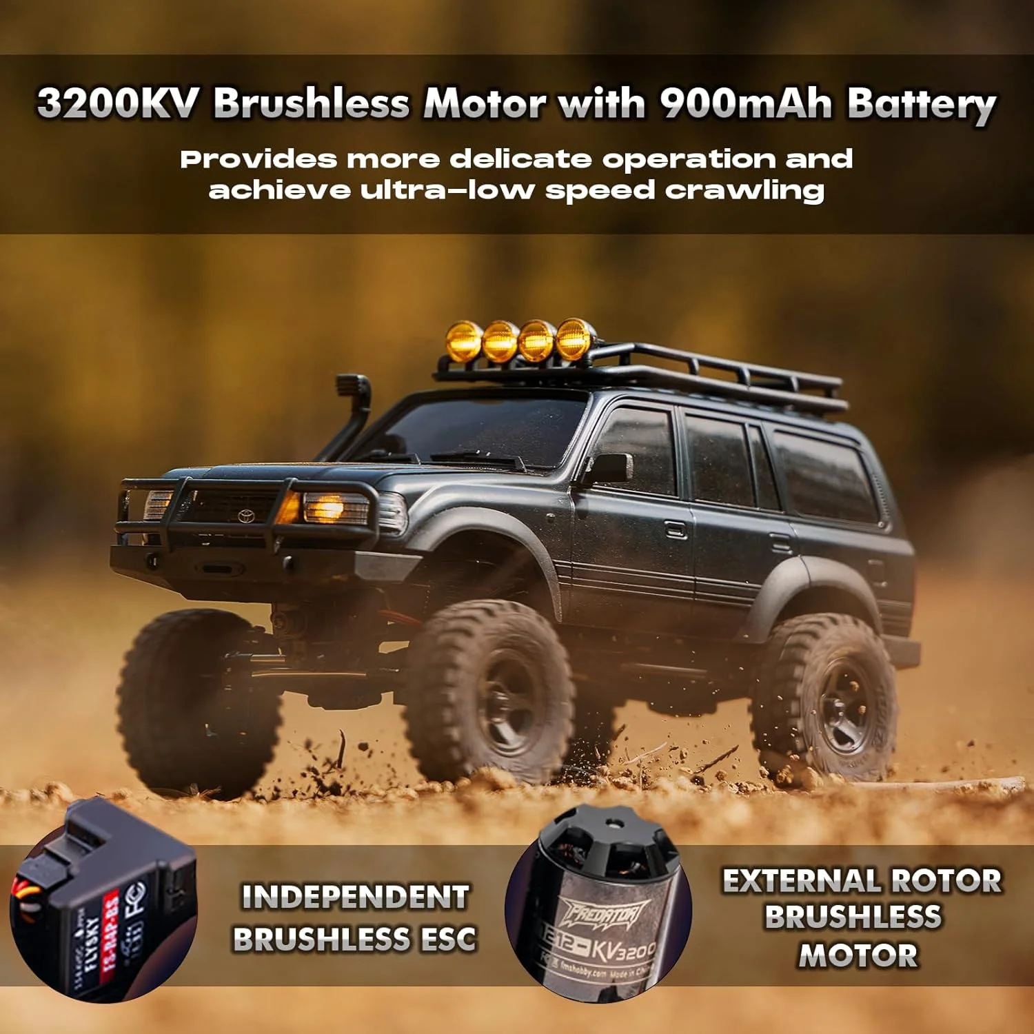 کامیون کنترلی خزنده بدون جاروبک FCX18 FMS 1/18، تویوتا کروزر LC80 Pro آفرود 4X4 با محورهای پورتال و چراغ های LED (مشکی)