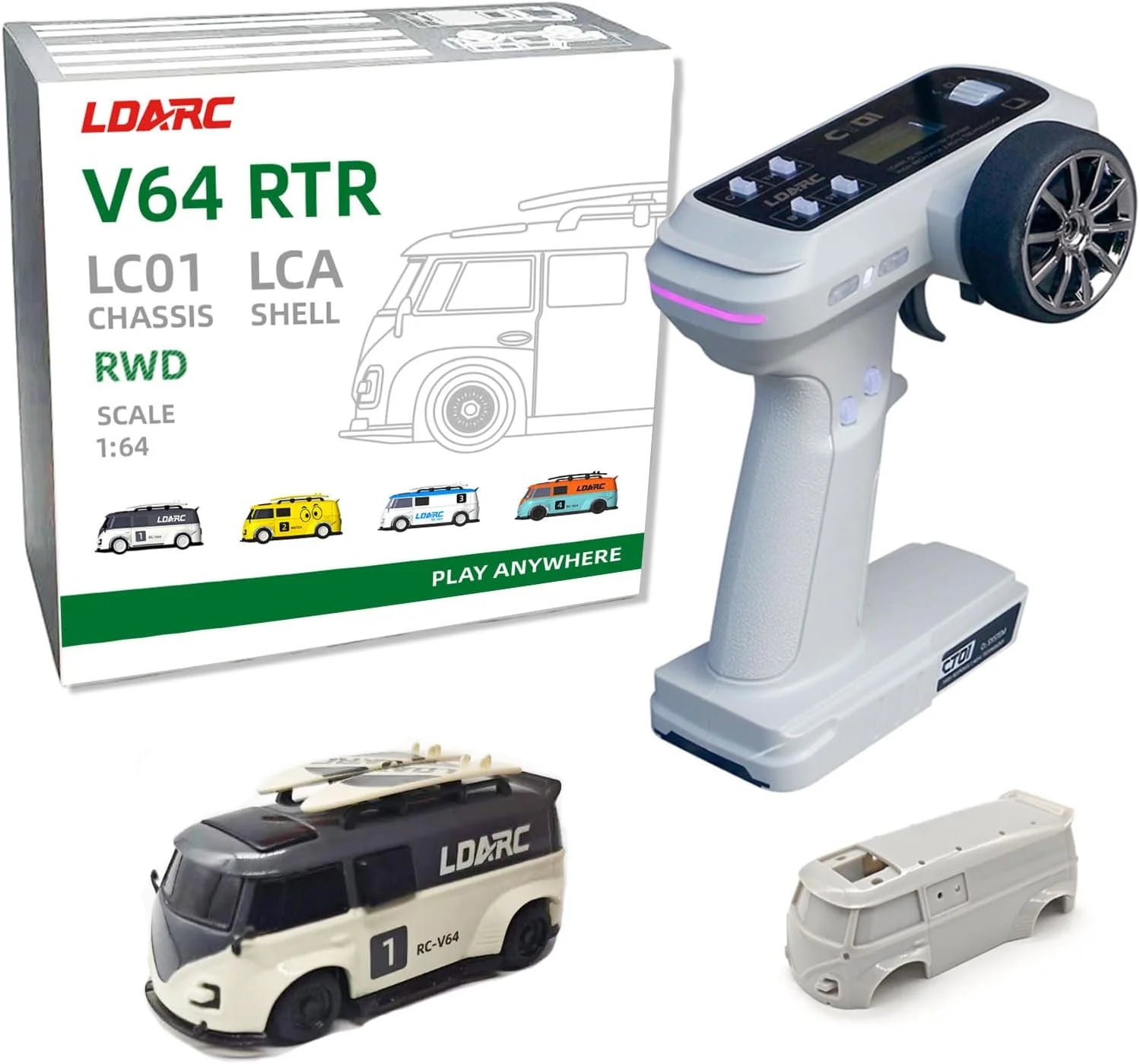 ماشین مسابقه ای مینی آرسی LDARC مقیاس 1:64، 2.4 گیگاهرتز، ایده آل برای علاقه مندان به مسابقه، مدل ماشین کنترل از راه دور مسابقه ای با چراغ های RGB، همراه با بدنه قابل تعویض DIY (خاکستری)