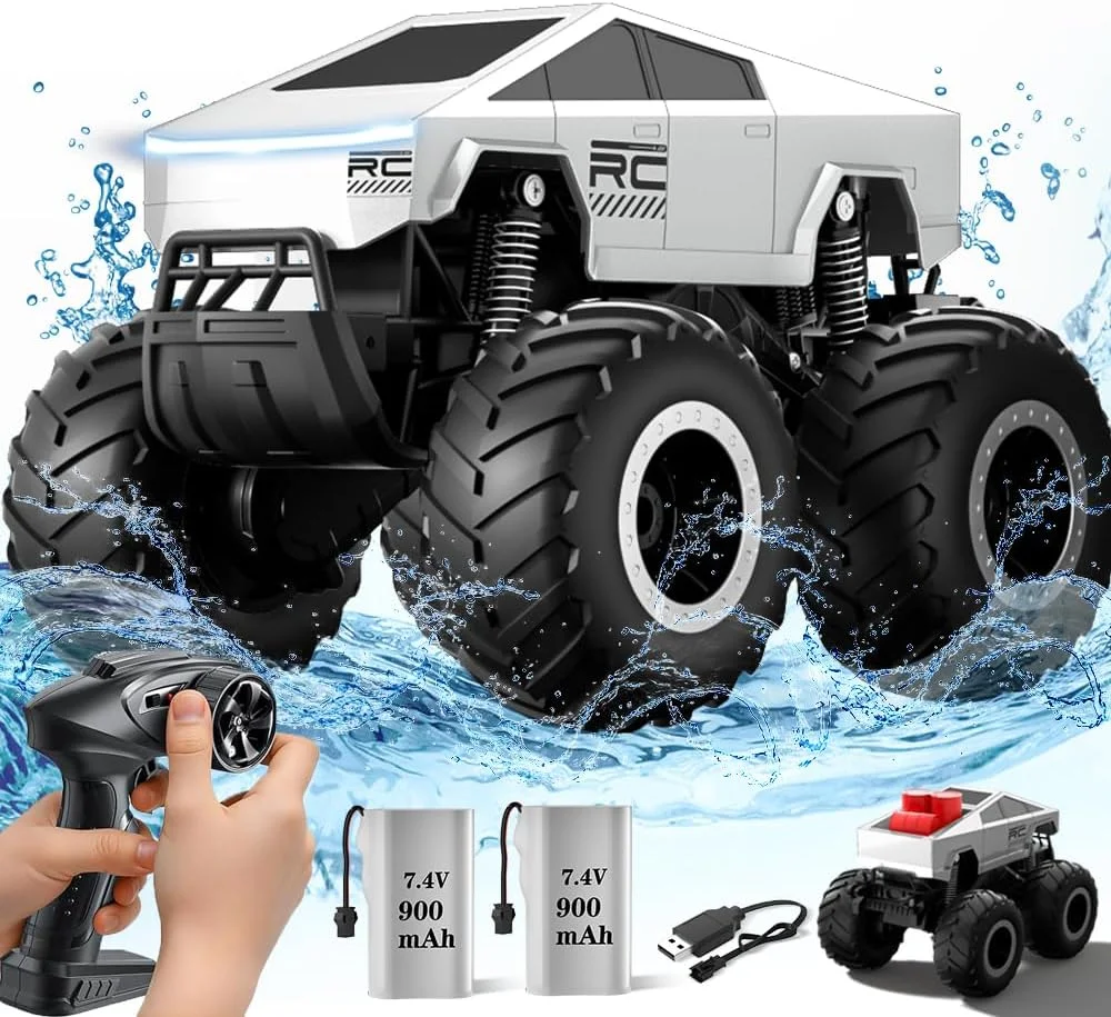 ماشین کنترلی ضد آب، اسباب بازی کامیون هیولا آرسی مقیاس 1:16، باتری 900mAh با زمان بازی 40+ دقیقه، خودرو آفرود 4WD با فرکانس 2.4GHz، ماشین کنترلی آبی خاکی برای هدیه به پسران و دختران بالای 6 سال