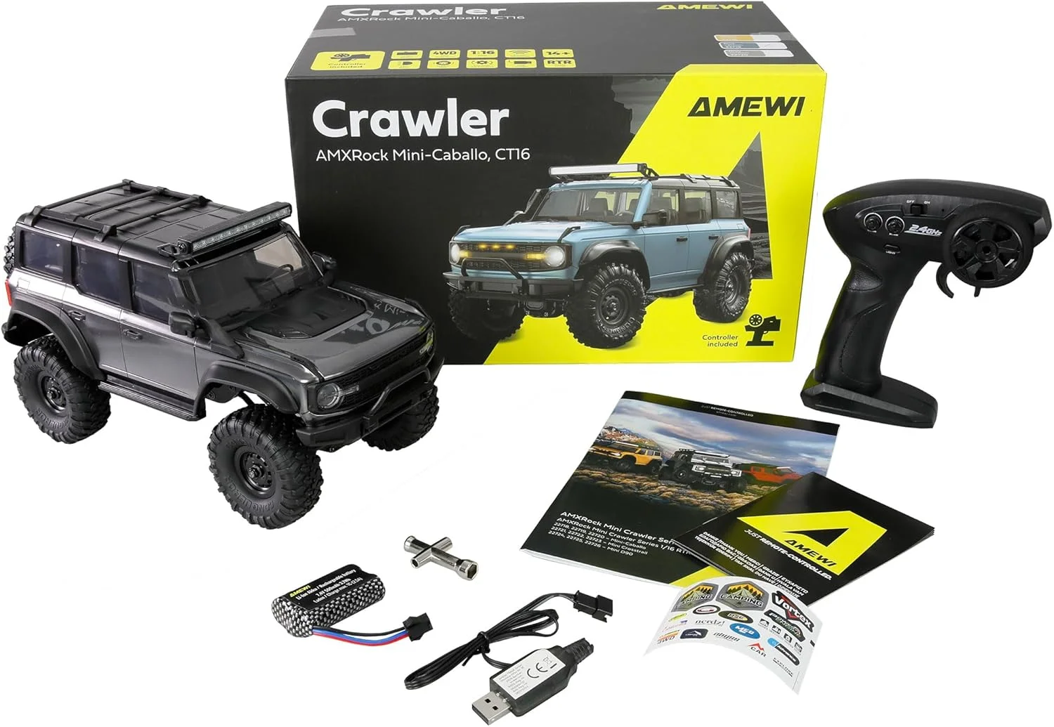 آفرودر کوچک Amewi AMXRock Mini Caballo مقیاس 1:16 RTR خاکستری با کنترل از راه دور، باتری، کابل شارژ