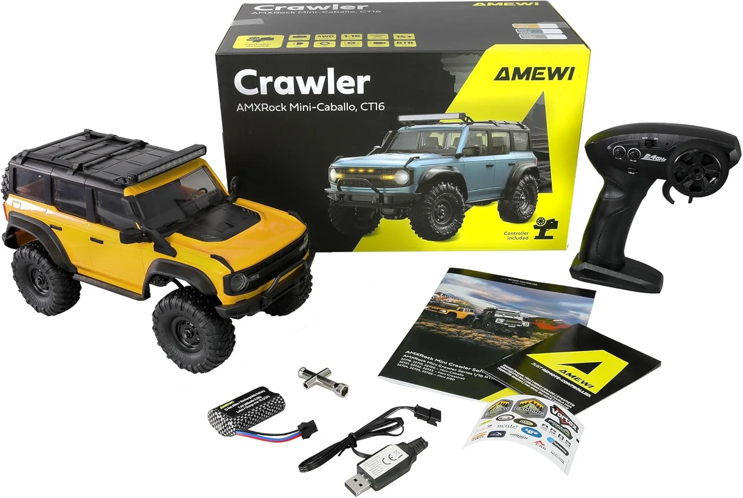 آفرودر کوچک Amewi AMXRock Mini Caballo مقیاس 1:16 RTR زرد با کنترل از راه دور، باتری و کابل شارژ