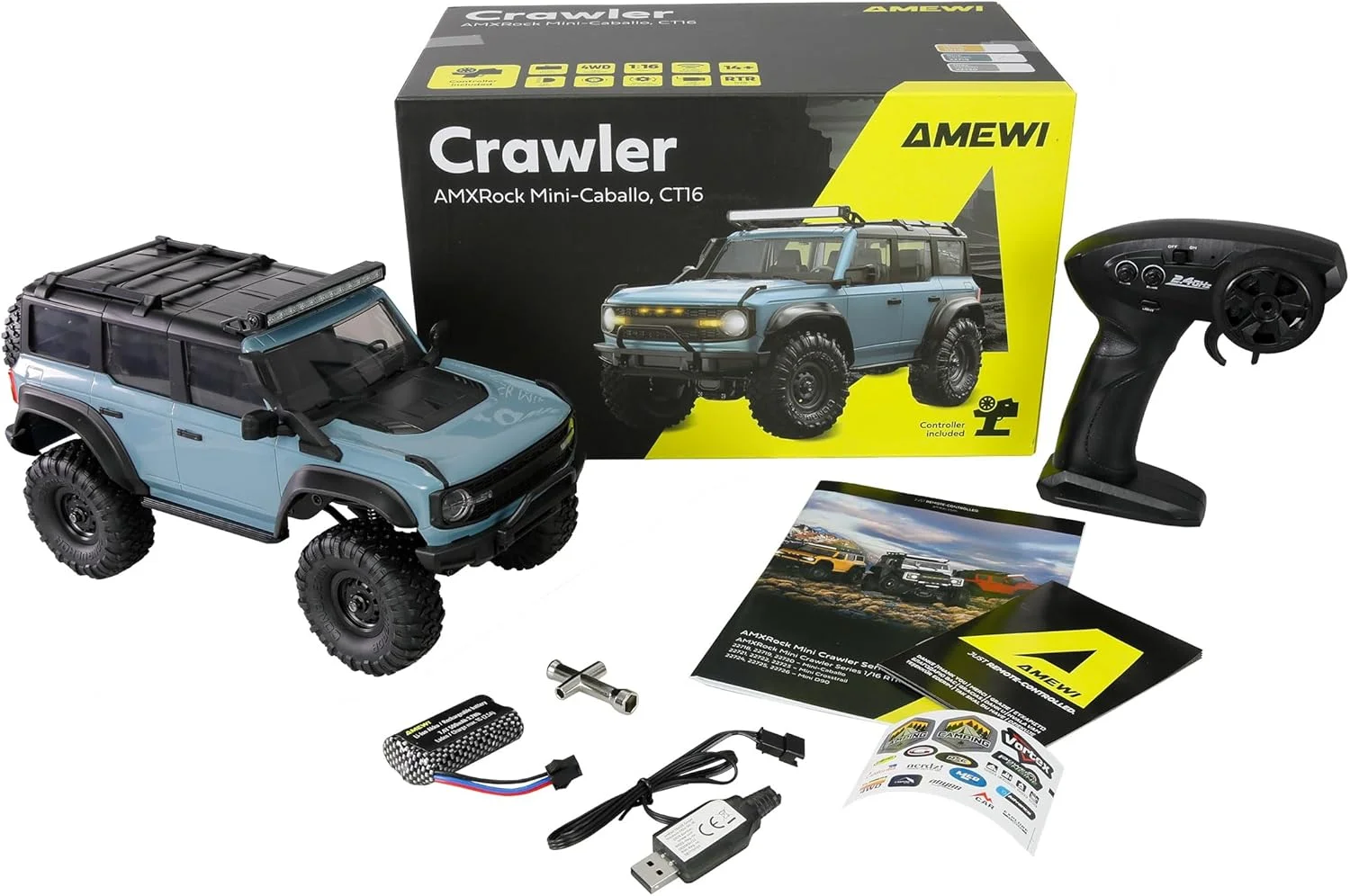 آفرودر کوچک Amewi AMXRock Mini Caballo مقیاس 1:16 RTR آبی با کنترل از راه دور، باتری و کابل شارژ