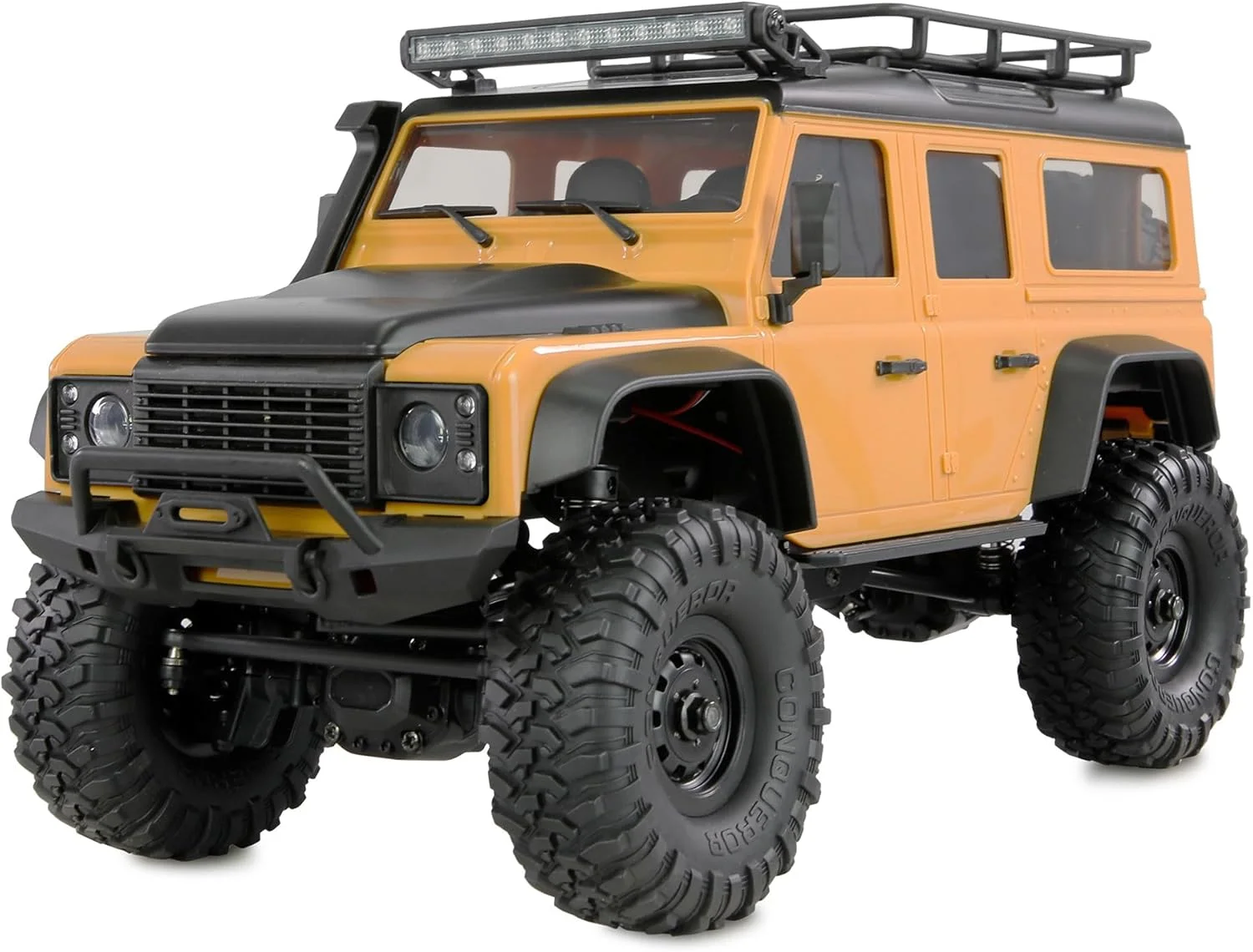 مینی خزنده مقیاس پذیر AMXRock Mini-D90 با مقیاس 1:16، چهار چرخ متحرک، زرد رنگ، همراه با کنترل از راه دور، باتری و کابل شارژ