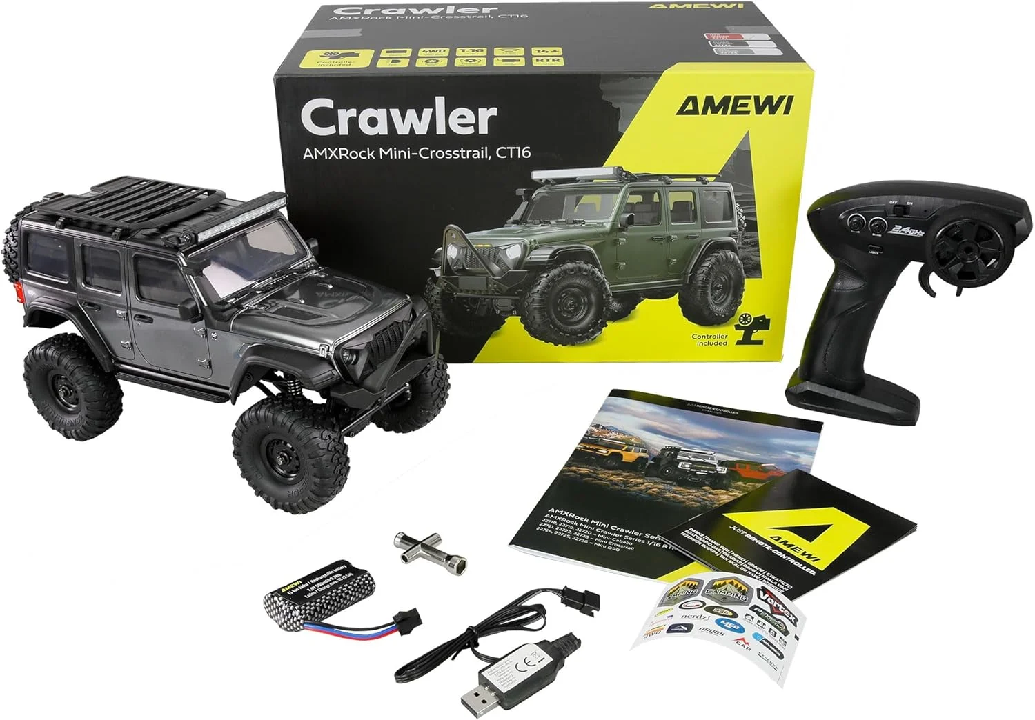 Amewi AMXRock Mini Crosstrail Scale Crawler 4WD 1:16 RTR خاکستری با کنترل از راه دور، باتری، کابل شارژ