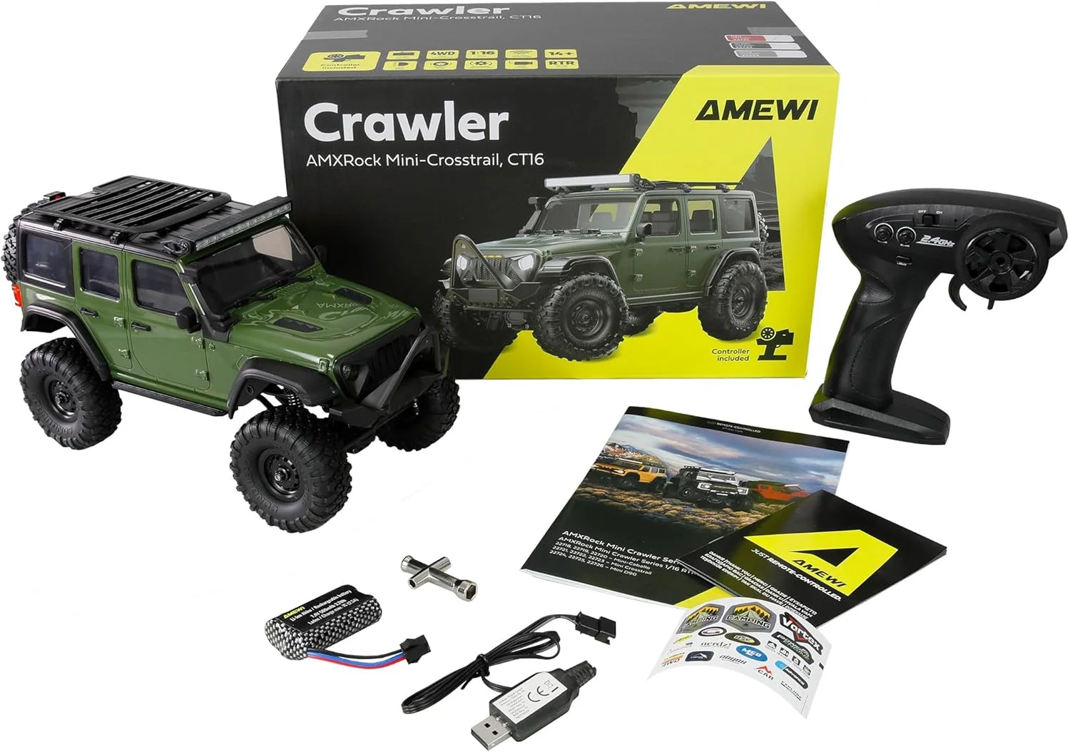 آفرودر کوچک مقیاس امیوی AMXRock Mini Crosstrail 4WD 1:16 RTR سبز با کنترل از راه دور، باتری و کابل شارژ