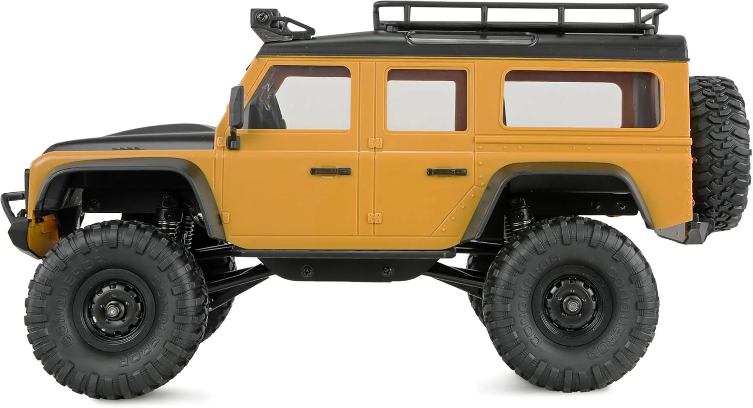 مینی خزنده مقیاس پذیر AMXRock Mini-D90 با مقیاس 1:16، چهار چرخ متحرک، زرد رنگ، همراه با کنترل از راه دور، باتری و کابل شارژ