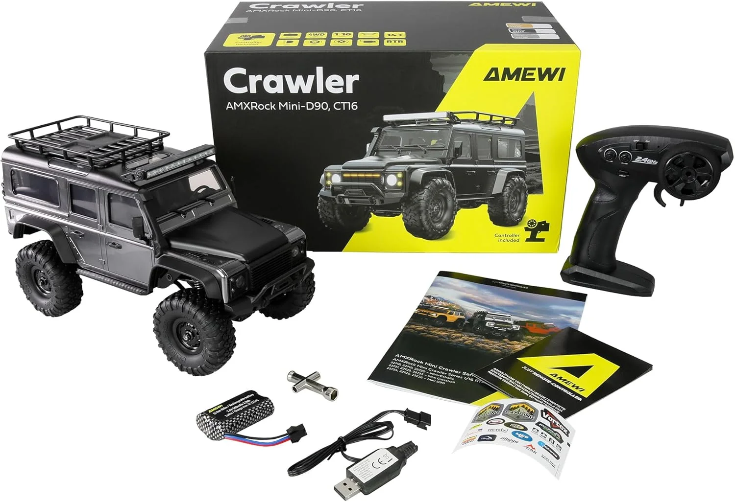 مینی کرالر مقیاس پذیر Amewi AMXRock Mini-D90، 4WD 1:16 RTR خاکستری با کنترل از راه دور، باتری و کابل شارژ