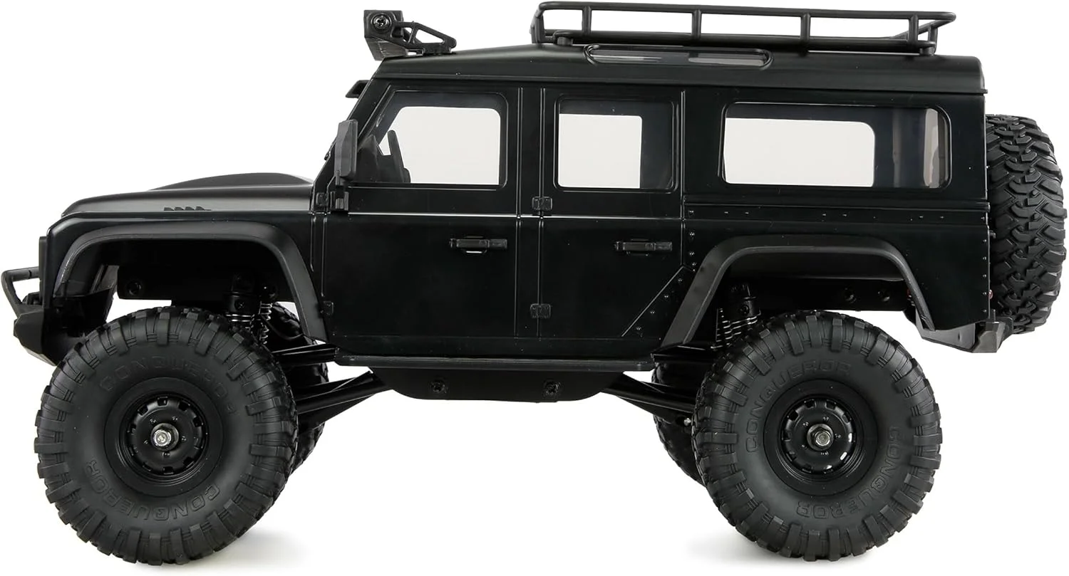 مینی خزنده مقیاس پذیر Amewi AMXRock Mini-D90، چهار چرخ متحرک 1:16 RTR مشکی با کنترل از راه دور، باتری و کابل شارژ