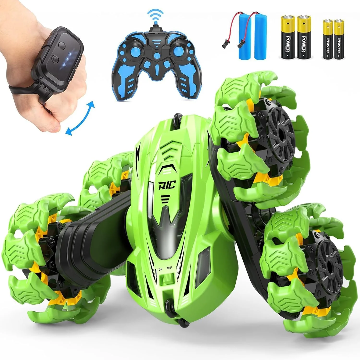 ماشین اسباب بازی بدلکاری کنترلی، 4WD 2.4GHz با چرخ های انفجاری، کنترل دوگانه (ساعت و ریموت)، چرخش 360 درجه دو طرفه، چراغ های چشمک زن، ماشین کنترلی برای پسران و دختران (سبز)