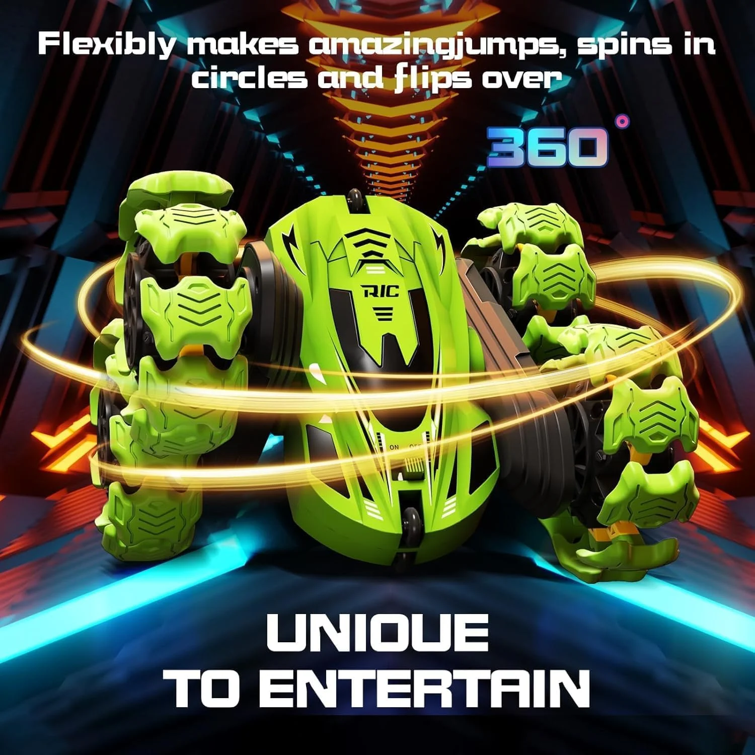 ماشین اسباب بازی بدلکاری کنترلی، 4WD 2.4GHz با چرخ های انفجاری، کنترل دوگانه (ساعت و ریموت)، چرخش 360 درجه دو طرفه، چراغ های چشمک زن، ماشین کنترلی برای پسران و دختران (سبز)