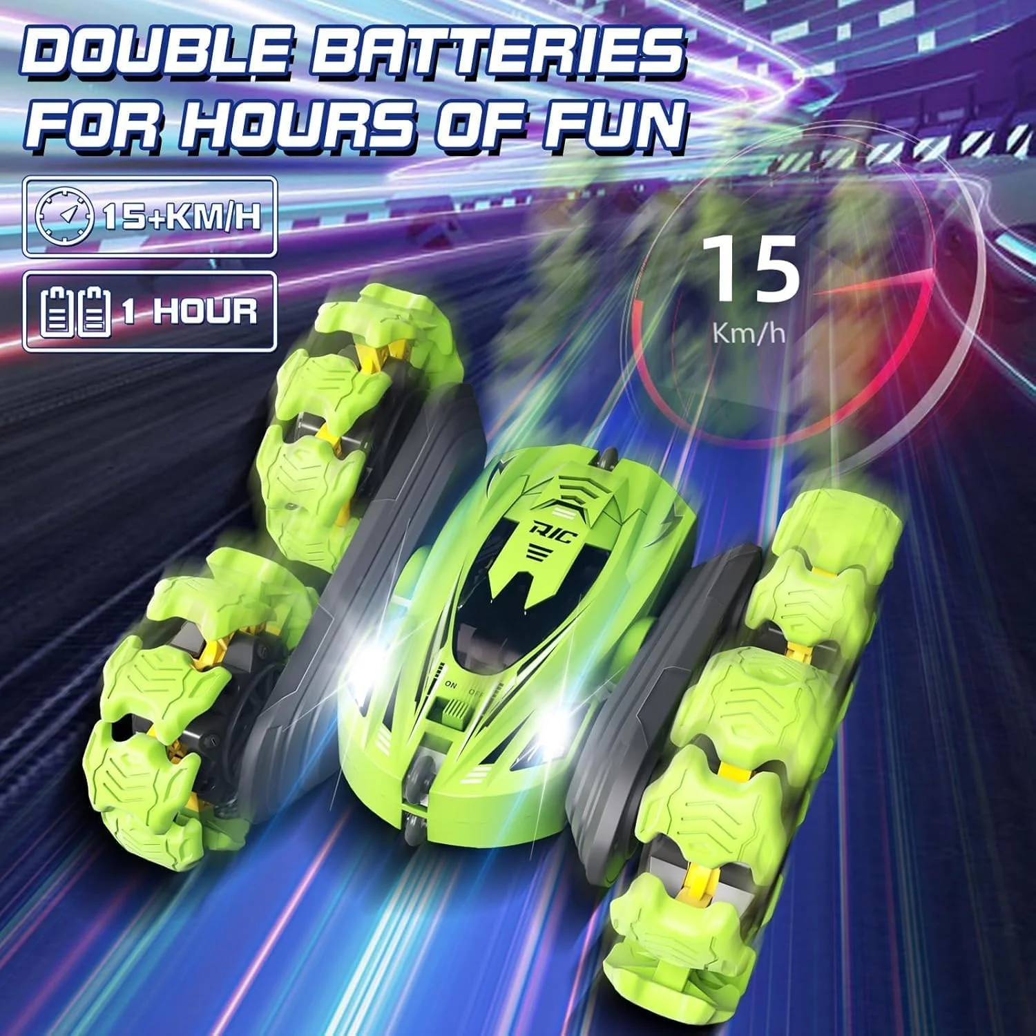 ماشین اسباب بازی بدلکاری کنترلی، 4WD 2.4GHz با چرخ های انفجاری، کنترل دوگانه (ساعت و ریموت)، چرخش 360 درجه دو طرفه، چراغ های چشمک زن، ماشین کنترلی برای پسران و دختران (سبز)