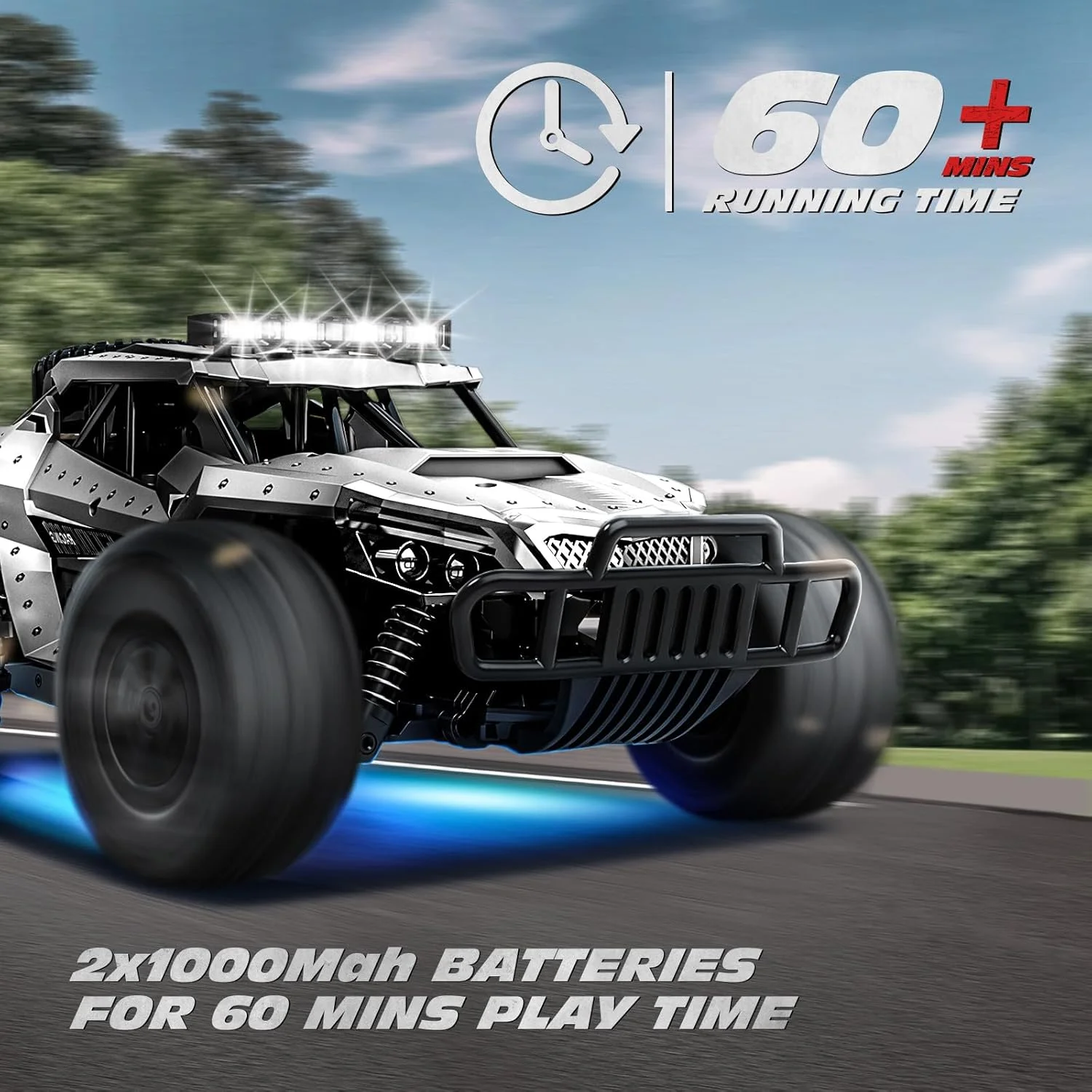 ماشین کنترلی Tecnock، مقیاس 1/16، مناسب پسران، سرعت بالا 25 کیلومتر بر ساعت، مناسب تمام سطوح، ماشین هیولا با دو باتری قابل شارژ و چراغ های شاسی جلو، هدیه و اسباب بازی برای کودکان و بزرگسالان، نقره ای