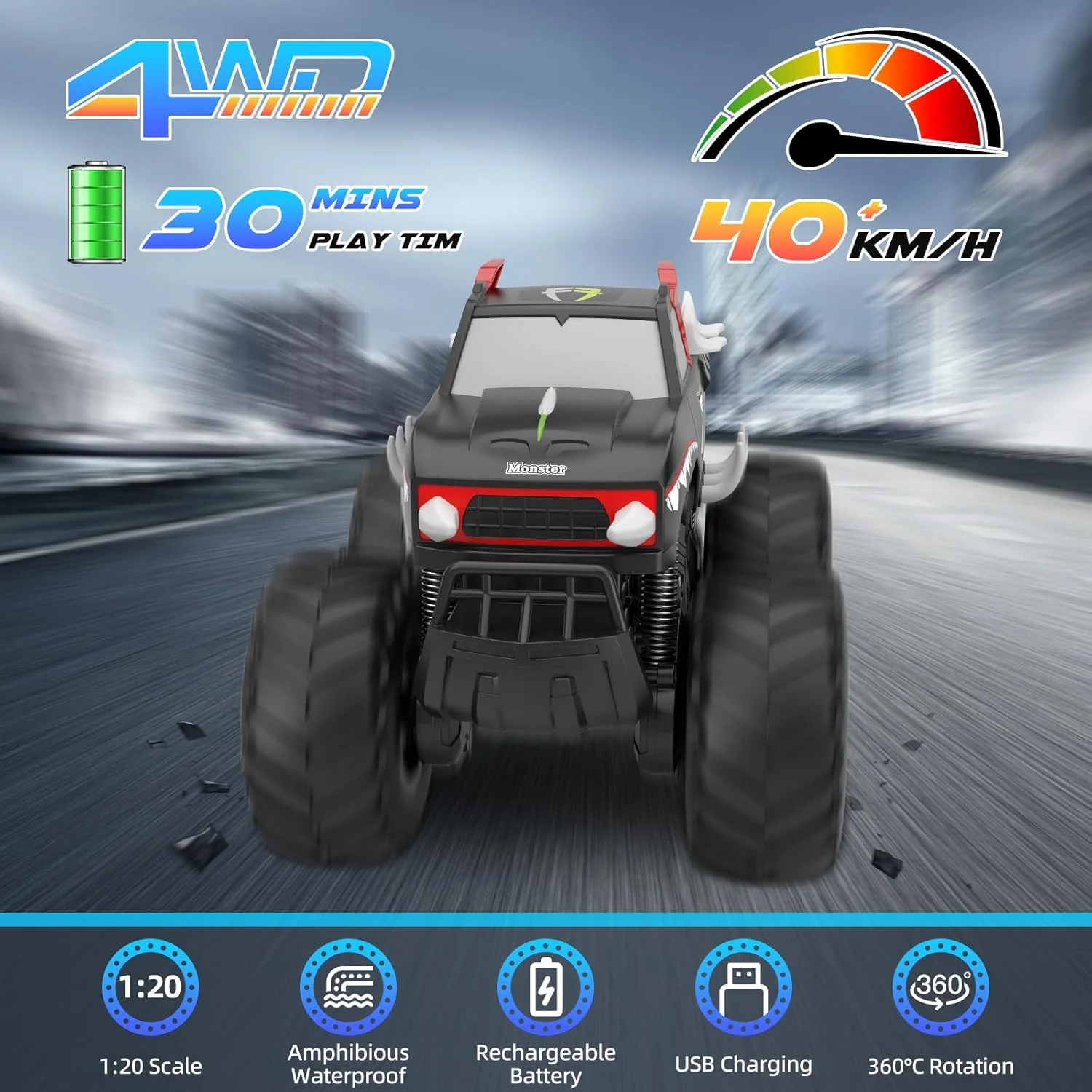 ماشین کنترلی هیولا آرسی مقیاس 1:16، ماشین آرسی الکتریکی با سرعت 40 کیلومتر بر ساعت، ماشین صخره نورد 4WD، ماشین های اسباب بازی کنترلی، اسباب بازی های ضد آب و ضد گرد و غبار برای سنین 6-12 سال