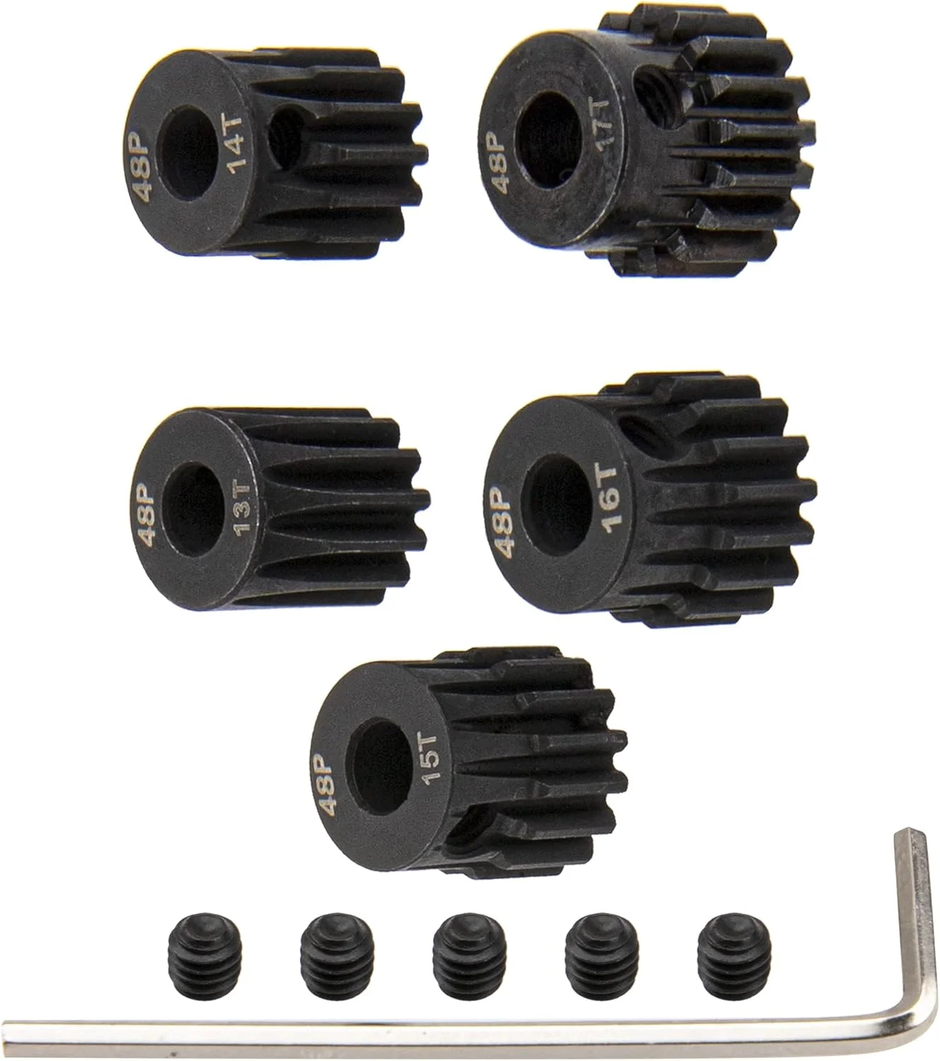 مجموعه 5 عددی چرخ دنده پینیون فولادی 48P با شفت 3.175 میلی متری، 13T 14T 15T 16T 17T، مناسب برای شفت 3.175 میلی متری (1/8 اینچ)، سازگار با Arrma HPI Kyosho Losi Axial Traxxas Tamiya Associated 1/10 RC Car Monster Truck Buggy