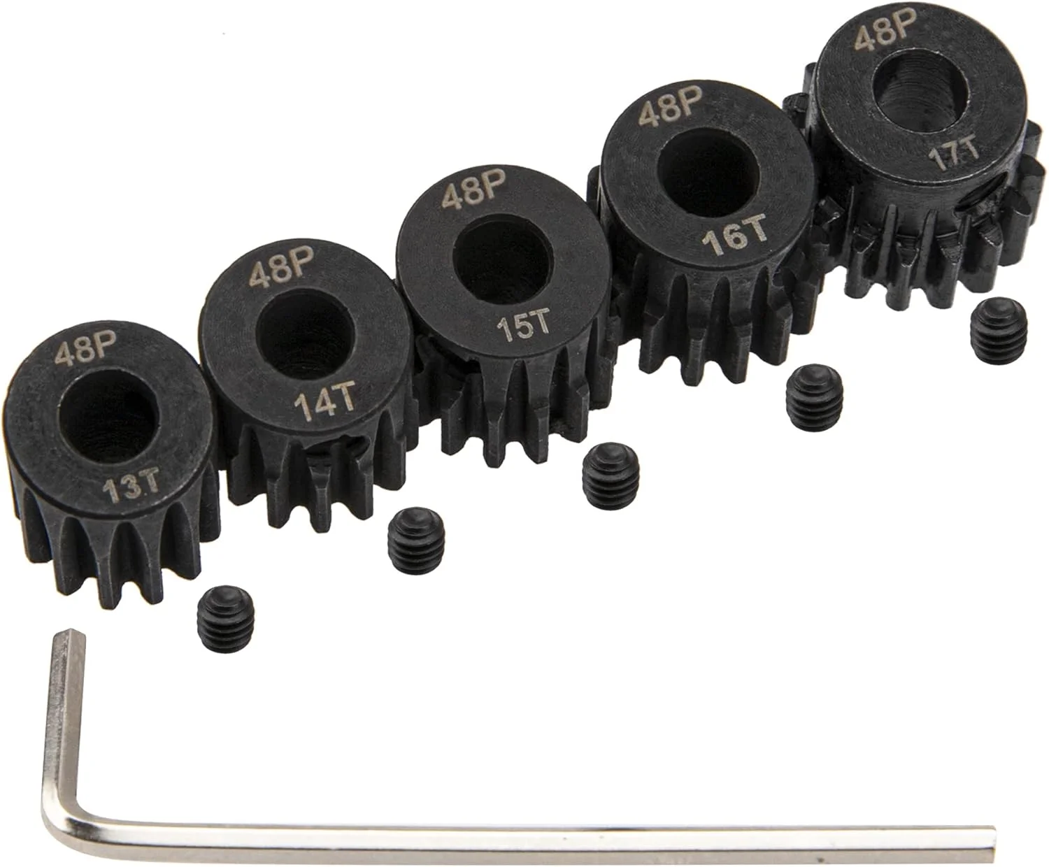مجموعه 5 عددی چرخ دنده پینیون فولادی 48P با شفت 3.175 میلی متری، 13T 14T 15T 16T 17T، مناسب برای شفت 3.175 میلی متری (1/8 اینچ)، سازگار با Arrma HPI Kyosho Losi Axial Traxxas Tamiya Associated 1/10 RC Car Monster Truck Buggy