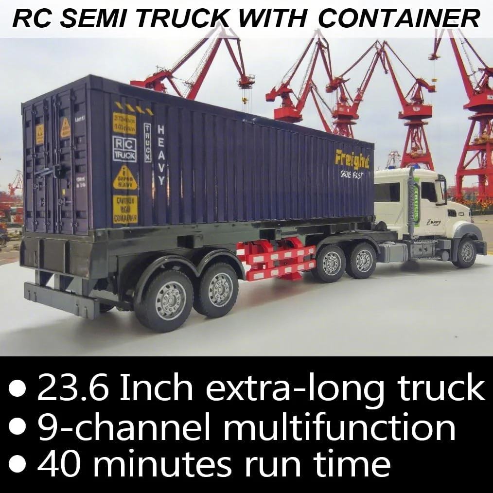 کامیون نیمه تریلر کنترلی 9 کاناله 60 سانتی متری - اسباب بازی کامیون حمل بار با مقیاس 1:24 برای کودکان 3-8 ساله، دارای دو باتری، جلوه های نور و صدا، هدیه ای عالی برای پسران و دختران