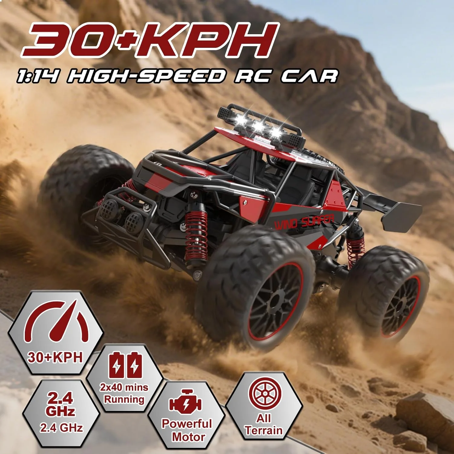 ماشین کنترلی Scientoy با مقیاس 1:14، سرعت بالای 30 کیلومتر در ساعت، مناسب تمام سطوح، کامیون کنترلی آفرود 2.4 گیگاهرتز، هدیه ای ایده آل برای کودکان و بزرگسالان به همراه 2 باتری قابل شارژ