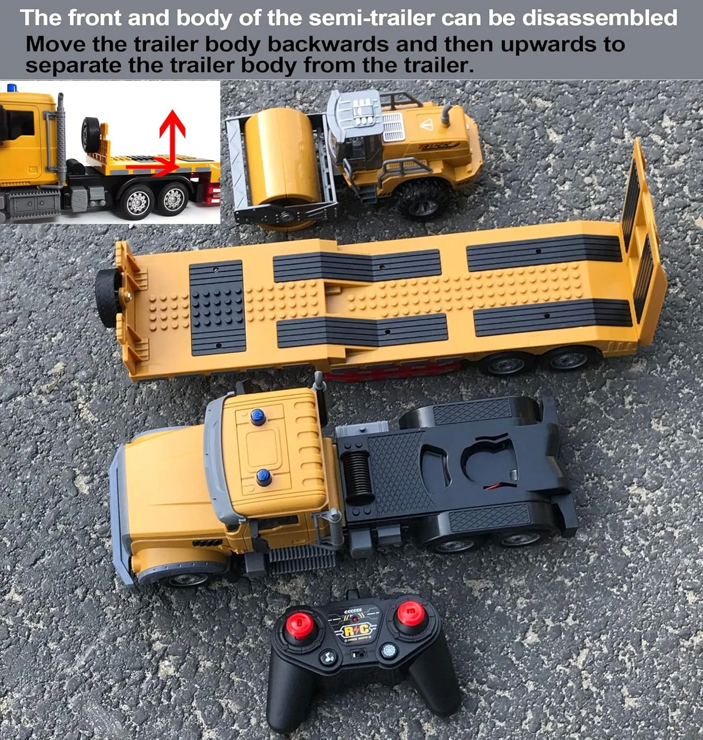 اسباب بازی کامیون نیمه تریلر کنترلی برای کودکان - تراکتور مهندسی نیمه تریلر آرسی 1:24 با صدا و نور، اسباب بازی کامیون تریلر با غلتک اینرسی، وسایل نقلیه ساختمانی برای پسران و دختران 3-8 ساله