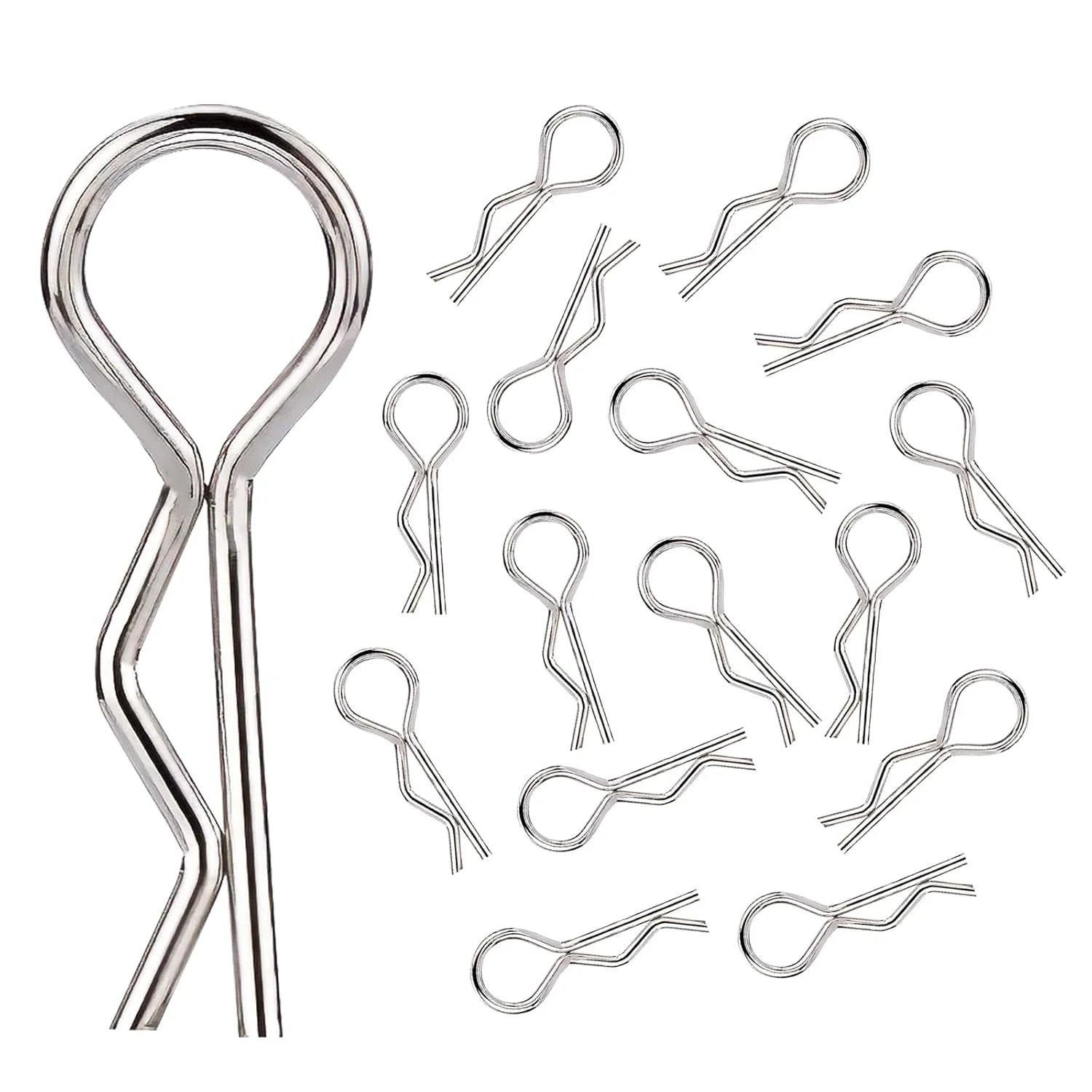 ۱۰۰ عدد گیره بدنه، پین های R تثبیت کننده پوسته جهانی برای تمام ماشین های آرسی جاده ای، باگی، صخره نورد، کامیون و قطعات جایگزین Traxxas در مقیاس 1/16، نقره ای