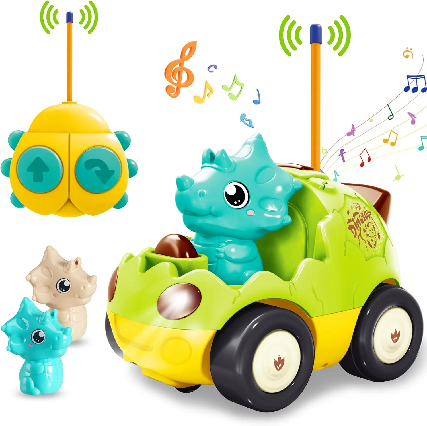 ماشین اسباب بازی دایناسور کنترلی کودک با موسیقی و چراغ، 2 عروسک قابل تعویض، اولین ماشین کنترلی برای پسران و دختران، 18 ماه به بالا، هدیه تولد یا کریسمس ایده آل (سبز پاستیلی)
