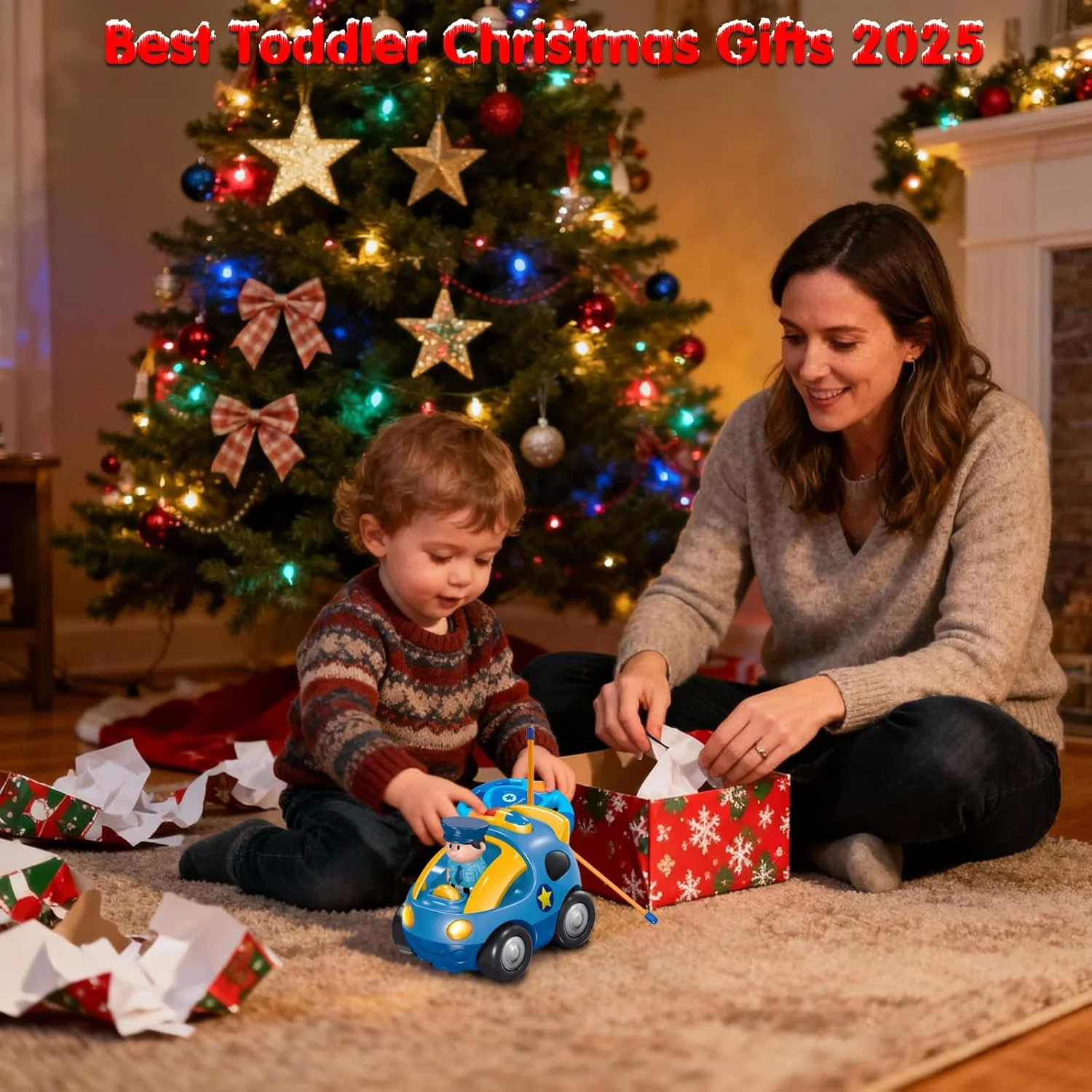 ماشین کنترلی کودک نوپا، ماشین های مسابقه ای پلیس رادیویی با موسیقی و چراغ، هدیه ای برای کودکان، هدیه تولد برای پسران و دختران 2 و 3 ساله به همراه 2 عروسک