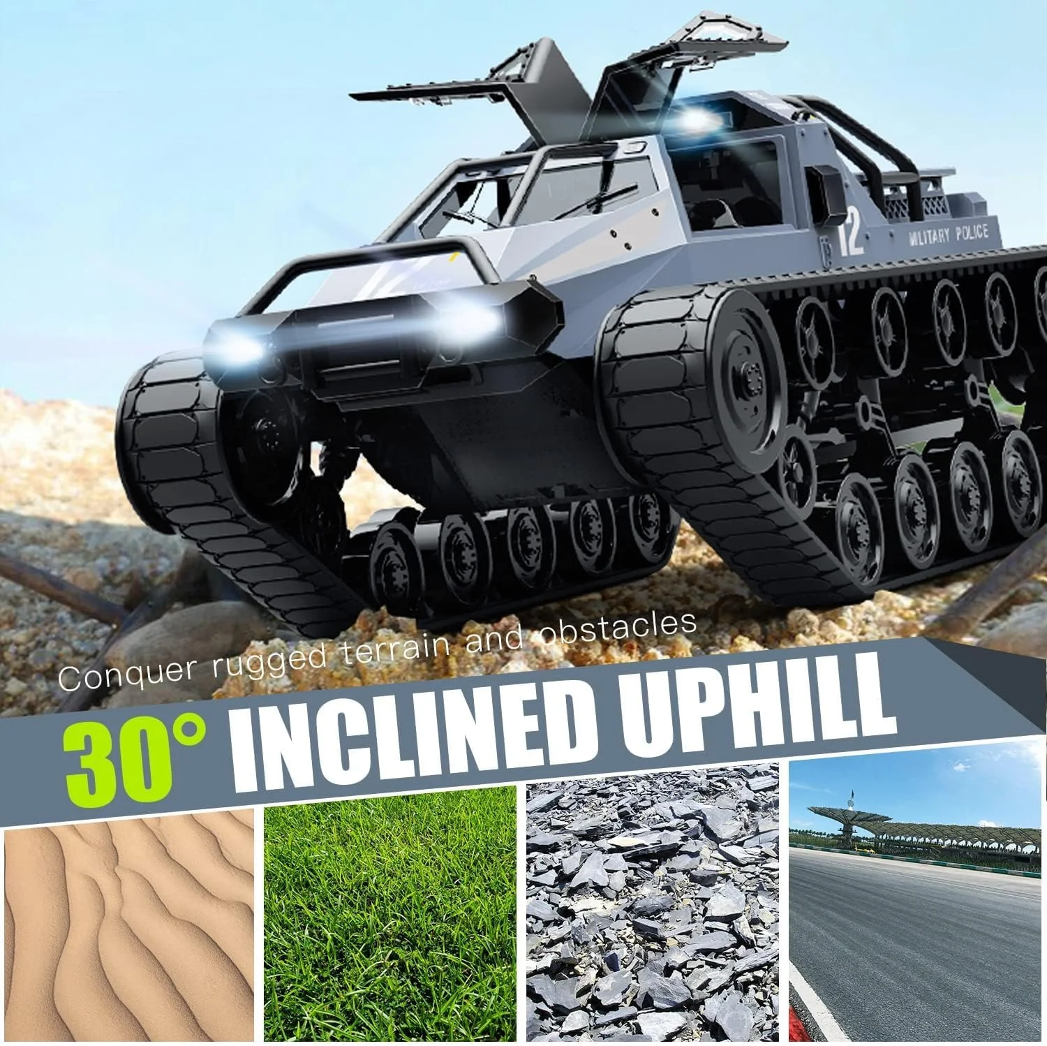 تانک کنترلی آرسی خزنده RACENT مقیاس 1:12، 2.4 گیگاهرتز، 4WD با قابلیت چرخش 360 درجه و دریفت، کامیون آرسی آفرود مناسب تمام سطوح به همراه 2 باتری، هدیه اسباب بازی