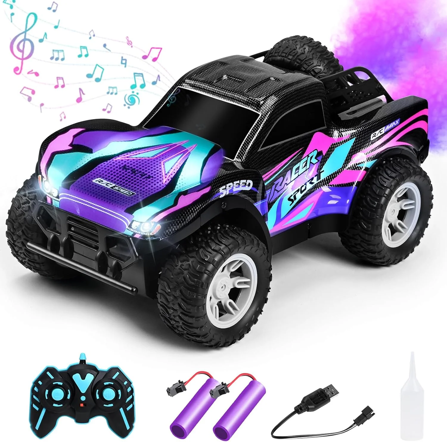 ماشین کنترلی آرسی مقیاس 1:16 برای پسران 4-7 8-12، کامیون کنترلی شارژی مناسب تمام سطوح برای کودکان، کامیون هیولا آرسی 2.4 گیگاهرتزی با نور بدنه، موسیقی و اسپری، اسباب بازی ماشین با سرعت 20 کیلومتر در ساعت برای سنین 5-7، 8-13 بنفش