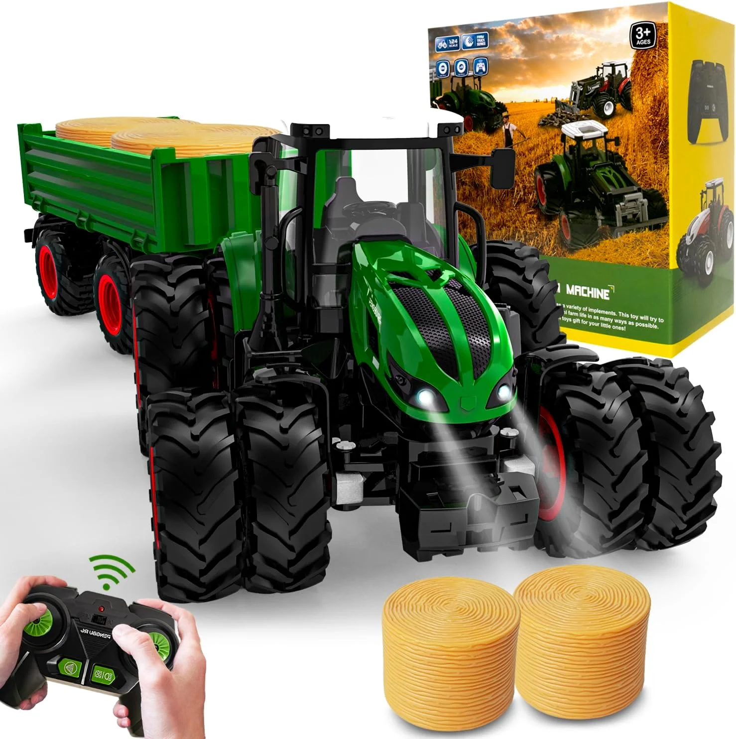 اسباب بازی تراکتور کنترلی PENGBU مناسب برای کودکان 2، 3، 4، 5 و 6 ساله، تراکتور با تریلر، تراکتور مزرعه با چراغ، هدیه کریسمس برای کودکان