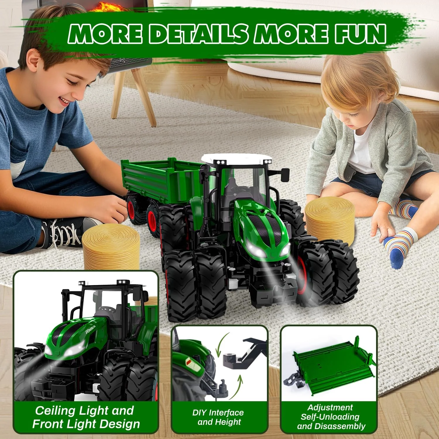 اسباب بازی تراکتور کنترلی PENGBU مناسب برای کودکان 2، 3، 4، 5 و 6 ساله، تراکتور با تریلر، تراکتور مزرعه با چراغ، هدیه کریسمس برای کودکان