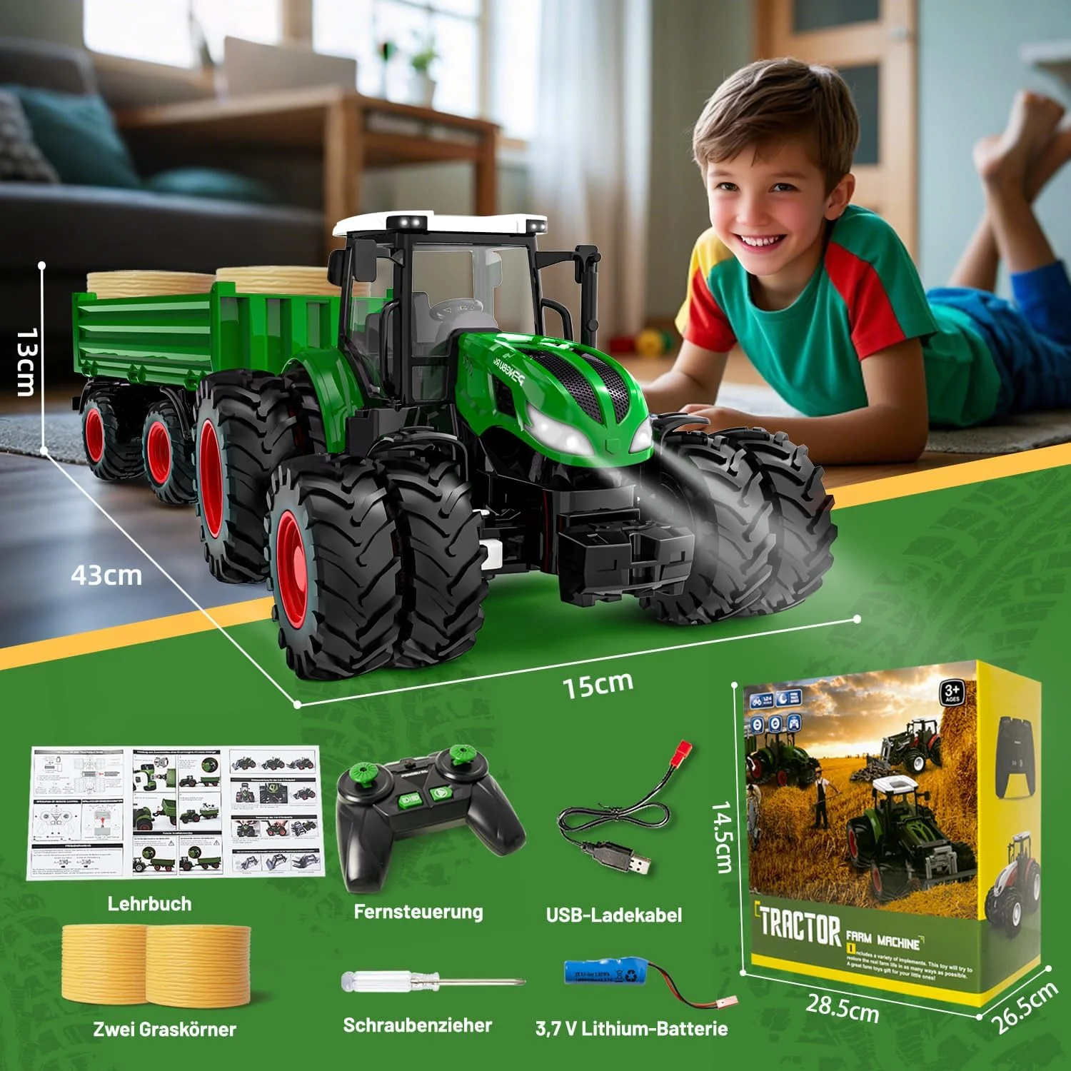 اسباب بازی تراکتور کنترلی PENGBU مناسب برای کودکان 2، 3، 4، 5 و 6 ساله، تراکتور با تریلر، تراکتور مزرعه با چراغ، هدیه کریسمس برای کودکان