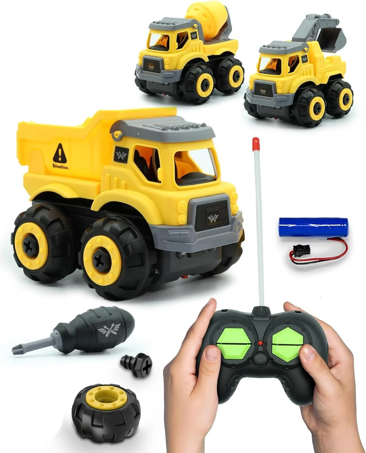 کامیون آرسی ۳ در ۱ Build N Drive - اسباب بازی های جدا کردنی برای پسران - کیت ساخت کامیون - اسباب بازی های STEM ۲۰ تکه، ساخت ماشین اسباب بازی برای کودکان ۳-۶ ساله - کامیون جرثقیل، کامیون میکسر سیمان و کامیون کمپرسی