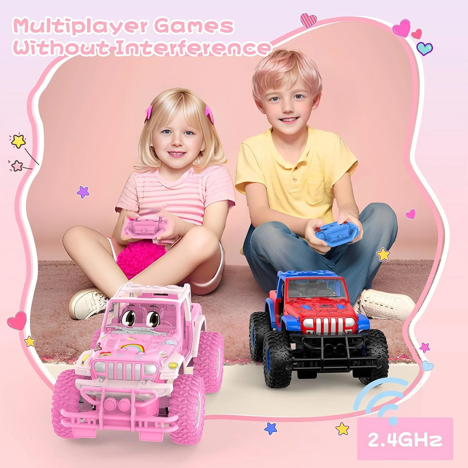 ماشین آرسی صورتی با استیکرهای DIY، ماشین کنترلی برای دختران، جیپ آفرود با زمان بازی 80 دقیقه و فرکانس 2.4 گیگاهرتز، هدیه اسباب بازی تولد و کریسمس برای دختران 3 تا 8 سال