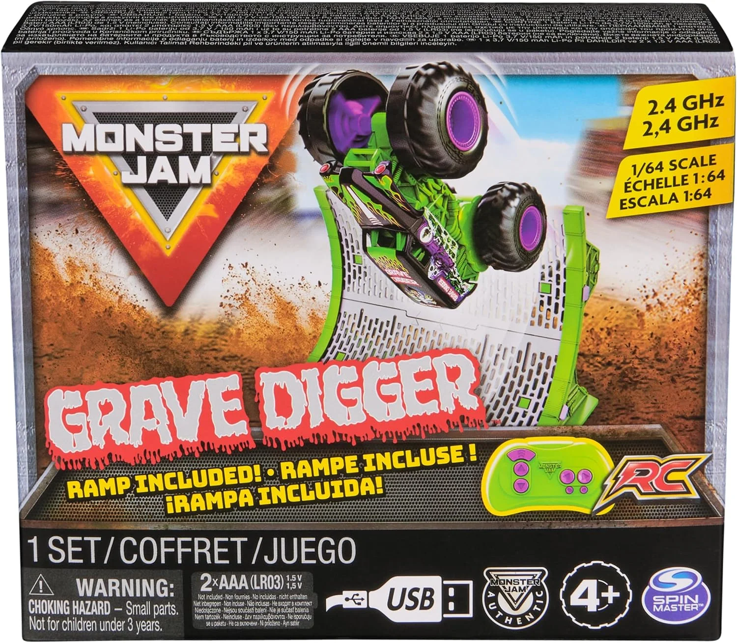 ماشین کنترلی مانستر جم Grave Digger به همراه رمپ، اسباب بازی ماشین کوچک کنترلی مقیاس 1:64 مناسب کودکان پسر و دختر 3 4 5 6 سال به بالا