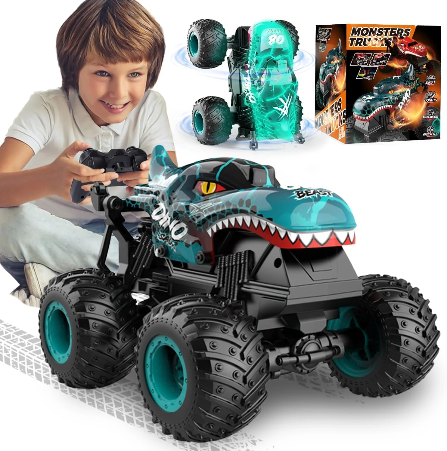 اسباب بازی ماشین هیولا، ماشین های هیولا آرسی 2.4 گیگاهرتزی برای کودکان، ماشین های آرسی دایناسور 1:20 با نور و موسیقی، کامیون کنترل از راه دور با ترفند، چرخش 360 درجه، راه رفتن عمودی و دریفت