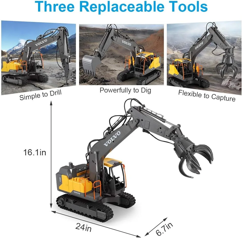 بیل مکانیکی کنترلی موستوپ، مقیاس 1/16، لودر بیل 3 در 1، اسباب بازی بیل مکانیکی کنترلی با 2 ابزار، تراکتور ماشین ساختمانی کنترلی 17 کاناله با عملکرد کامل با صدا و نور