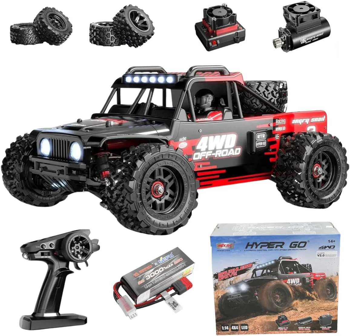 ماشین آرسی MJX Hyper Go 14209 - کامیون آفرود براشلس 4WD مقیاس 1:14 برای بزرگسالان، ماشین آرسی با سرعت بالا 70 کیلومتر در ساعت، ماشین دریفت براشلس مقیاس 1/14 RTR برای بزرگسالان، کامیون آرسی 2.4 گیگاهرتز با کمک فنرهای روغنی ماشین آرسی MJX Hyper Go 14209 - کامیون آفرود براشلس 4WD مقیاس 1:14 برای بزرگسالان، ماشین آرسی با سرعت بالا 70 کیلومتر در ساعت، ماشین دریفت براشلس مقیاس 1/14 RTR برای بزرگسالان، کامیون آرسی 2.4 گیگاهرتز با کمک فنرهای روغنی