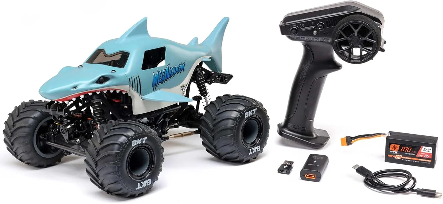 Losi مینی LMT Megalodon مقیاس 1/18، 4X4 RTR، براش خورده، همراه با باتری و شارژر، آبی