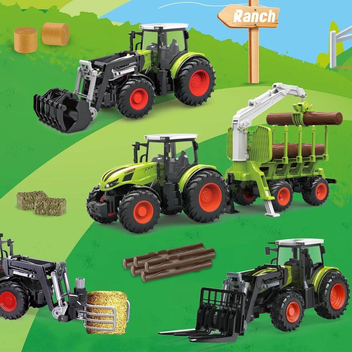 ست اسباب بازی تراکتور مزرعه با کنترل از راه دور 2.4 گیگاهرتز، تراکتور الکترونیکی RC با تریلر و کامیون حمل چوب، ست اسباب بازی مزرعه با چنگک چوب، هدست های چند منظوره کشاورزی برای کودکان 3، 4، 5، 6 ساله