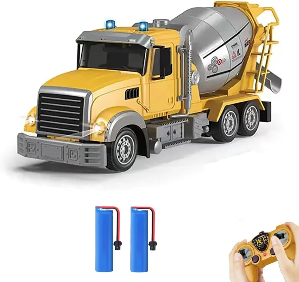 کامیون اسباب بازی میکسر سیمان کنترلی برای پسران - اسباب بازی های ساختمانی کنترلی 6 کاناله با 2 باتری قابل شارژ، چرخش 360 درجه و چراغ دار، مقیاس 1:24، مناسب برای کودکان
