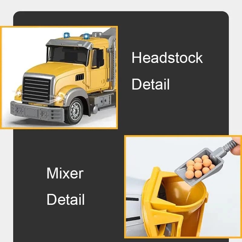 کامیون اسباب بازی میکسر سیمان کنترلی برای پسران - اسباب بازی های ساختمانی کنترلی 6 کاناله با 2 باتری قابل شارژ، چرخش 360 درجه و چراغ دار، مقیاس 1:24، مناسب برای کودکان