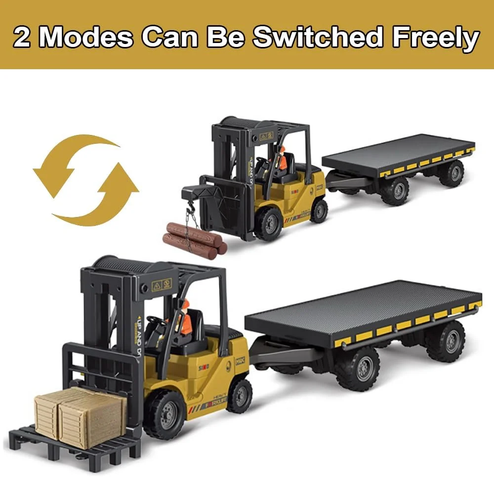 لیفتراک کنترلی با کامیون کفی، لیفتراک آرسی ۱۱ کاناله با اسپری، نور و صدا، لیفت چنگکی و قلاب ۲ در ۱، اسباب بازی های ساختمانی جرثقیل برای پسران، هدیه تولد برای کودکان ۳+