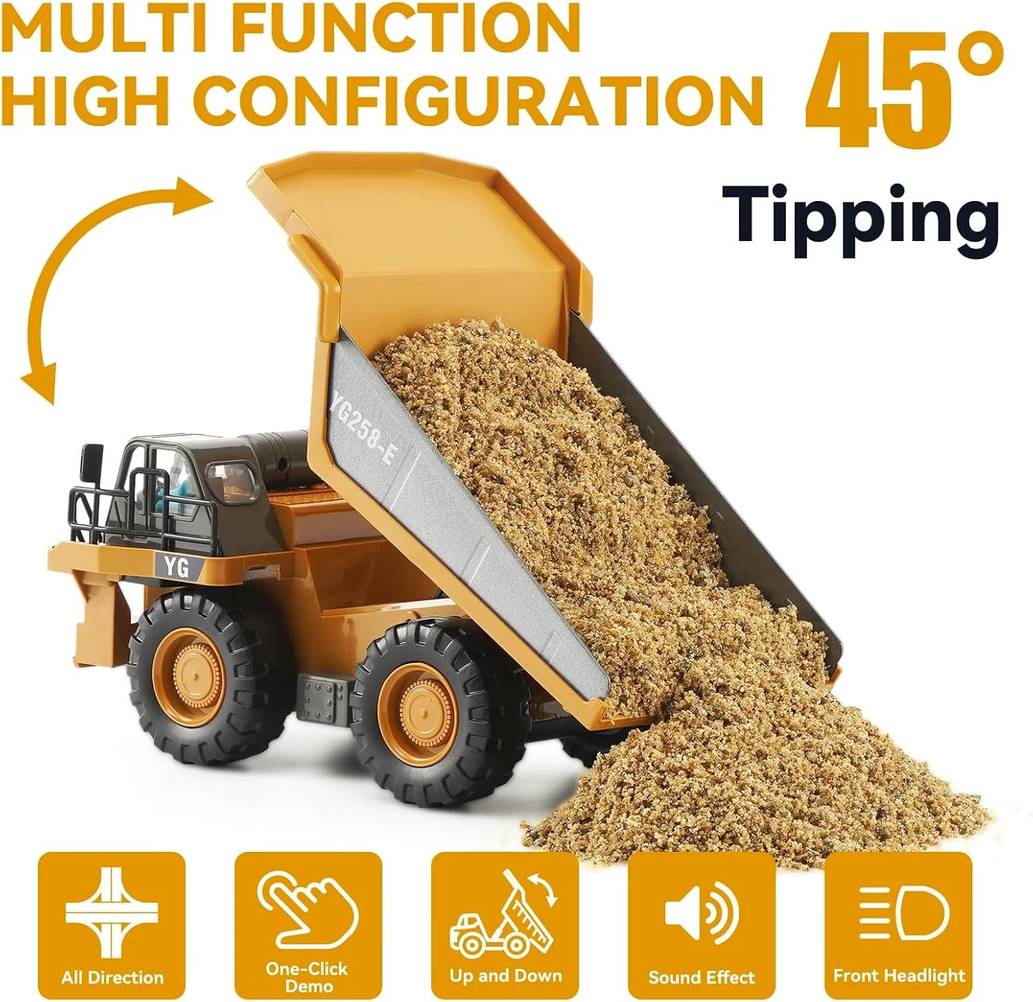 کامیون کمپرسی کنترلی، ماشین ساختمانی آرسی برای کودکان با تخت فلزی 9 کاناله دارای نور و صدا و باتری قابل شارژ، اسباب بازی کامیون حمل و نقل برقی هدیه برای کودکان نوپا پسران دختران 4-7 8-12