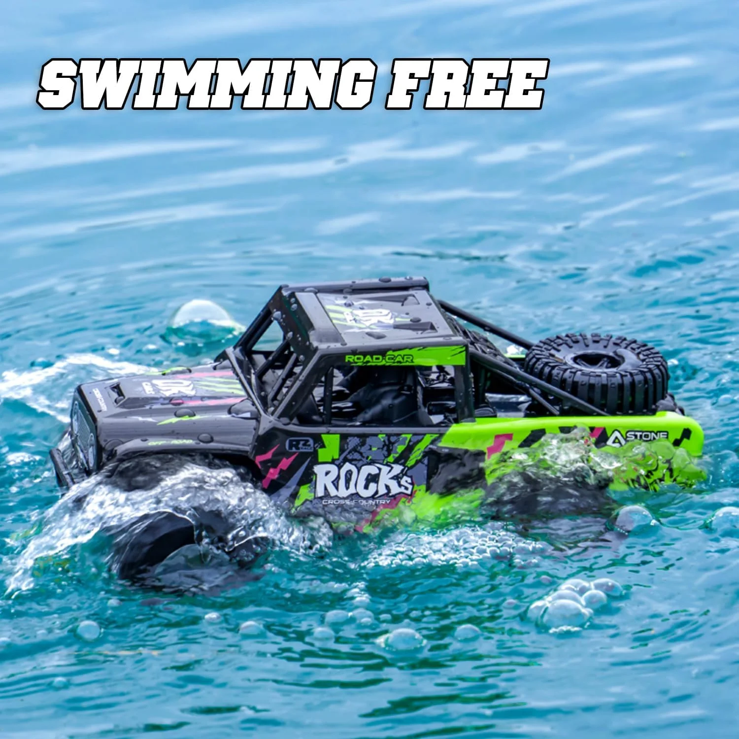 ماشین اسباب بازی مانستر تراک برای پسران 4 تا 12 سال - ماشین آرسی 4WD ضد آب آبی خاکی مقیاس 1/16 با 2 باتری (50 دقیقه)، ماشین کنترل از راه دور Q191 - مناسب تمام زمین ها، داخل/خارج خانه، استخر، چمن، آبی